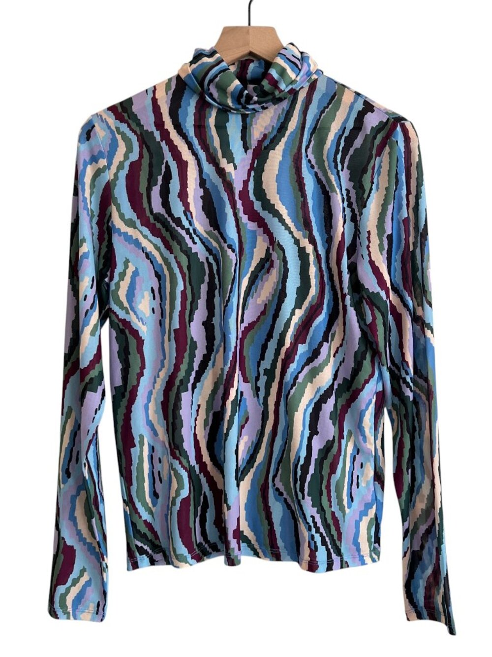 Eloquii Multicolor Abstract Printed Turtleneck Long Sleeve Mesh Top